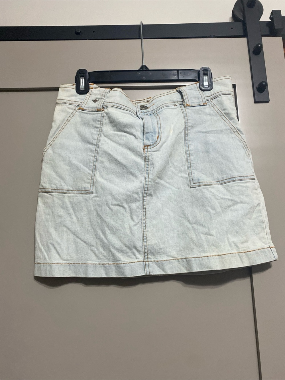 Vintage Y2K Light Wash Denim Mini Skirt with Front Patch Pockets